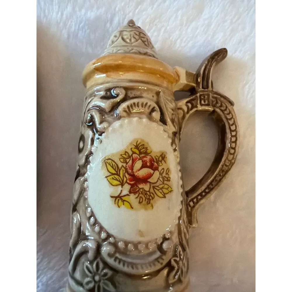 Vintage Mini Ceramic Beer Stein Salt & Pepper Shakers Floral Relief Japan Set 2